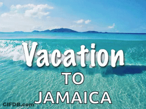 A Poster That Says Vacation To Jamaica With A Beach In The Background GIF