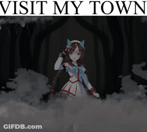 A Poster That Says Visit My Town With An Anime Girl GIF