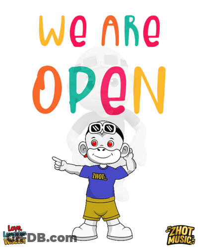 A Poster That Says We Are Open With A Monkey GIF