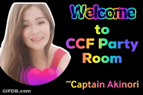 A Poster That Says Welcome To Ccf Party Room With Captain Akinori GIF