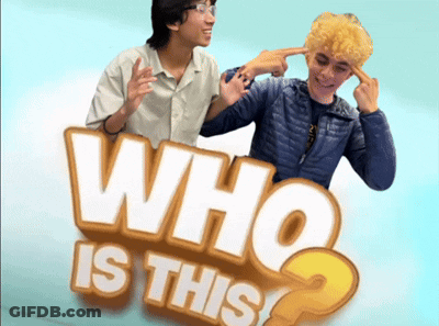 A Poster That Says Who Is This With Two People Pointing At Their Ears GIF