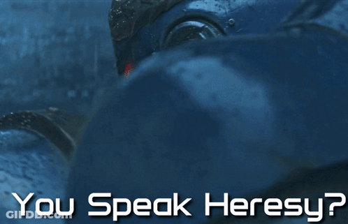 A Poster That Says You Speak Heresy With A Robot In The Background GIF