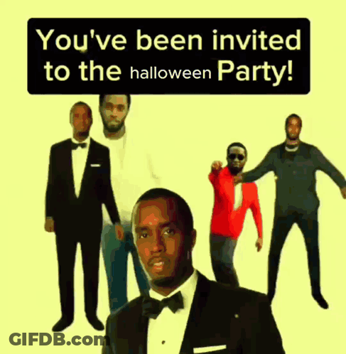 A Poster That Says You 'Ve Been Invited To The Halloween Party With A Man In A Tuxedo GIF