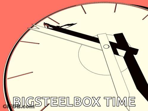 A Poster With A Clock And The Words Bigsteelbox Time On It GIF