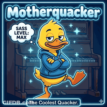 A Poster With A Duck And The Words Motherquacker On It GIF