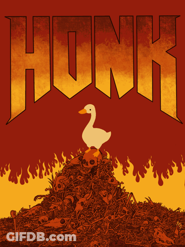 A Poster With A Duck On Top Of A Pile Of Skulls With The Word Honk Above It GIF
