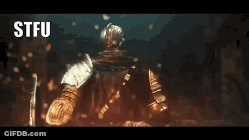 A Poster With A Knight Holding A Sword And The Words Stfu And Bye On It GIF