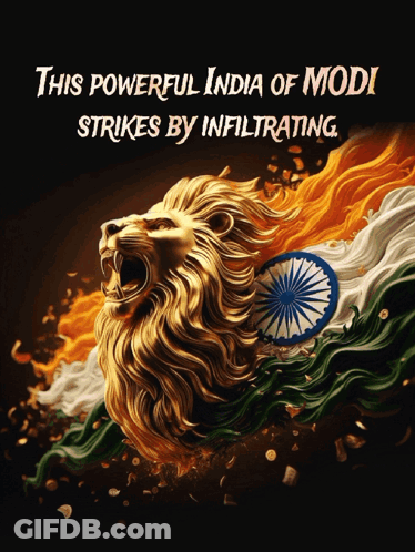 A Poster With A Lion And The Words " This Powerful India Of Modi Strikes By Infiltrating " GIF