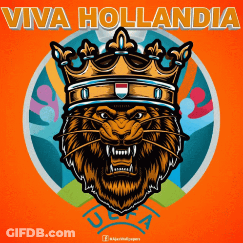 A Poster With A Lion Wearing A Crown And The Words Viva Hollandia On It GIF
