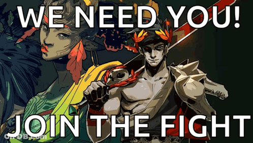 A Poster With A Man Holding A Sword And The Words We Need You Join The Fight GIF