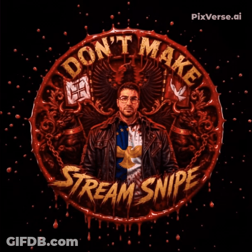 A Poster With A Man In A Leather Jacket And The Words " Don T Make Stream Snipe " GIF