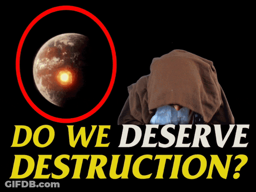 A Poster With A Man In A Robe And The Words " Do We Deserve Destruction " GIF