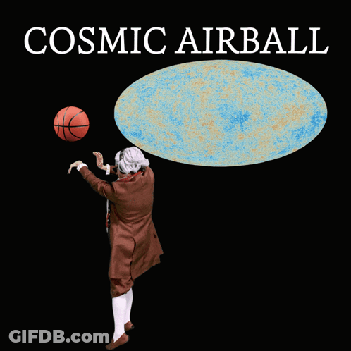 A Poster With A Man Throwing A Basketball And The Words Cosmic Airball On The Bottom GIF