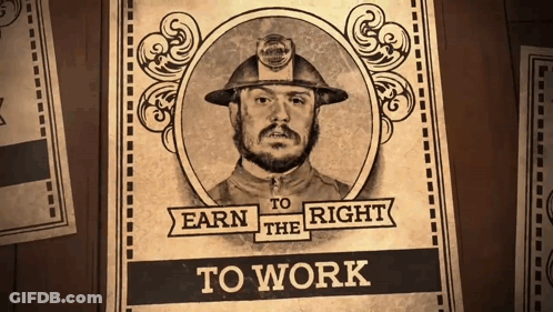 A Poster With A Man Wearing A Hard Hat That Says To Work GIF