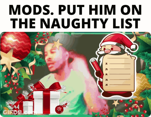 A Poster With A Picture Of A Man And A Santa Claus Holding A List GIF