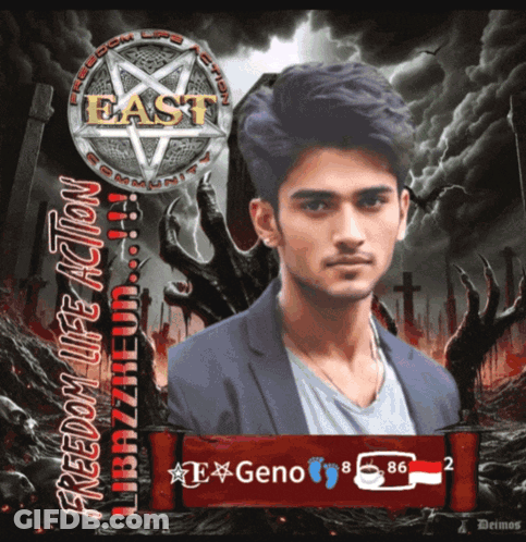 A Poster With A Picture Of A Man And The Word East GIF