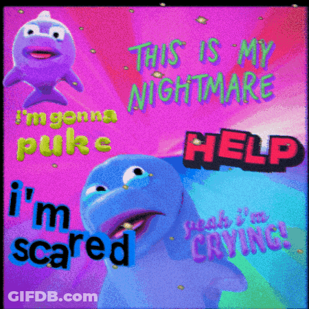 A Poster With A Purple Dolphin And The Words " This Is My Nightmare " GIF