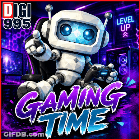 A Poster With A Robot And The Words Gaming Time On It GIF