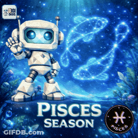 A Poster With A Robot And The Words Pisces Season On It GIF
