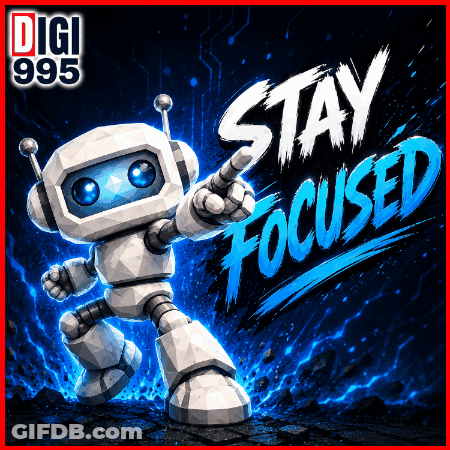 A Poster With A Robot And The Words Stay Focused On It GIF