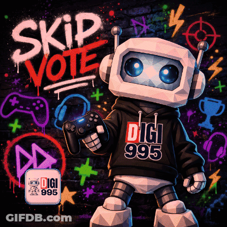A Poster With A Robot Holding A Video Game Controller And The Words Skip Vote Written On It GIF