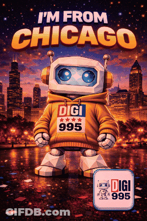 A Poster With A Robot Wearing A Hoodie That Says ' I 'M From Chicago ' GIF