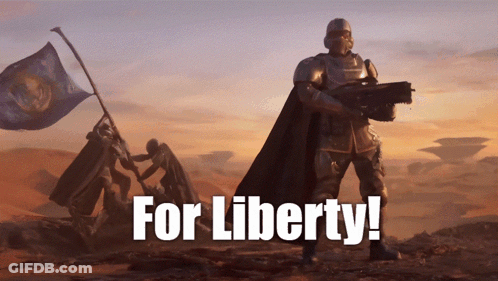 A Poster With A Soldier Holding A Gun And The Words " For Liberty " GIF