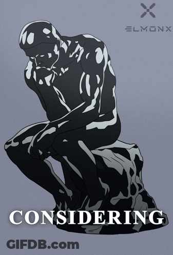 A Poster With A Statue Of A Man Sitting On A Rock And The Word Considering GIF