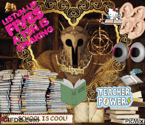 A Poster With A Statue Reading A Book And The Words Teacher Powers GIF