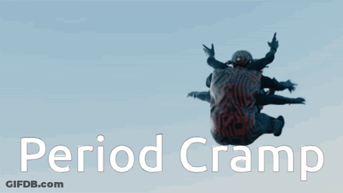 A Poster With A Superhero Fighting Another Superhero And The Words Period Cramp GIF