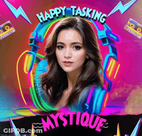 A Poster With A Woman And The Words Happy Tasking Mystique On It GIF