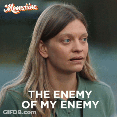 A Poster With A Woman And The Words The Enemy Of My Enemy On It GIF
