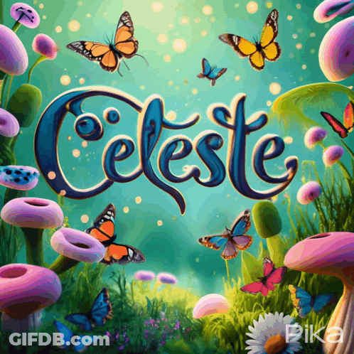A Poster With Butterflies And The Word Celeste On It GIF