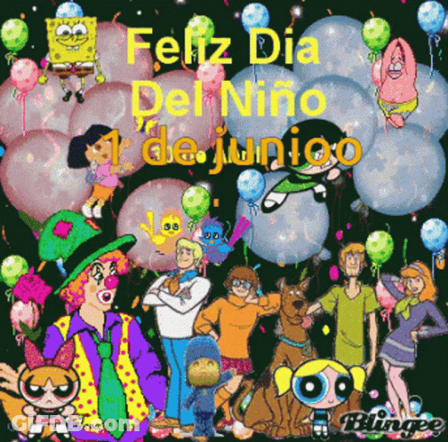 A Poster With Cartoon Characters And The Words " Feliz Dia Del Niño De Junio " GIF
