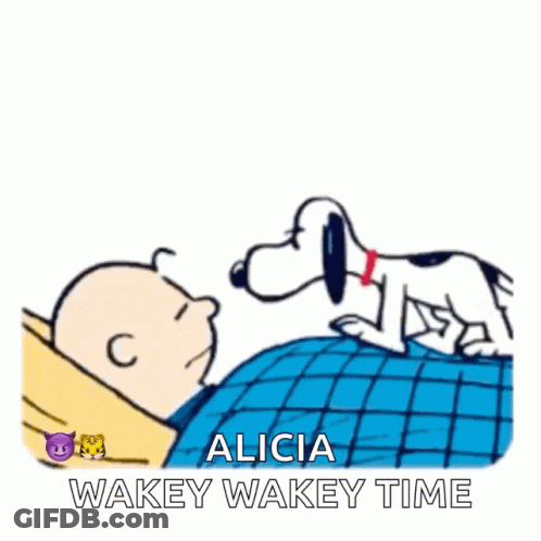 A Poster With Charlie Brown And Snoopy That Says Wake Up GIF