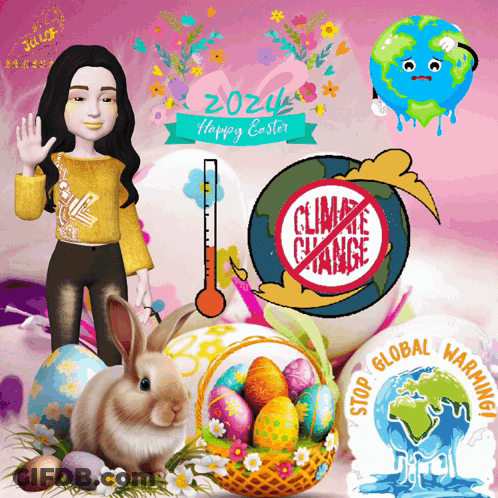 A Poster With Easter Eggs A Rabbit And A Thermometer Says Happy Easter GIF