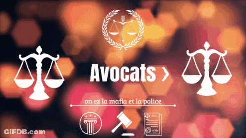 A Poster With Scales Of Justice And The Word Avocats GIF