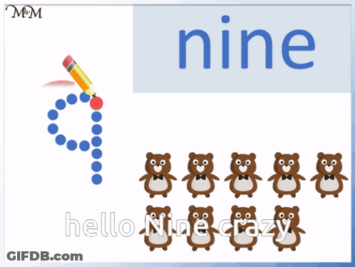 A Poster With The Number Nine And A Pencil And Bears GIF