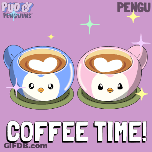 A Poster With Two Cups Of Coffee And The Words Coffee Time On It GIF