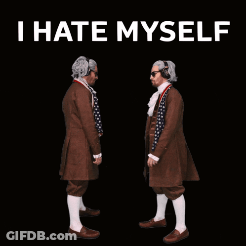 A Poster With Two Men In Costume And The Words I Hate Myself Above Them GIF