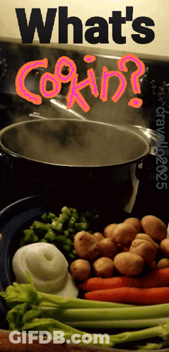 A Pot Of Boiling Water With The Words " What 'S Cookin ' " Above It GIF