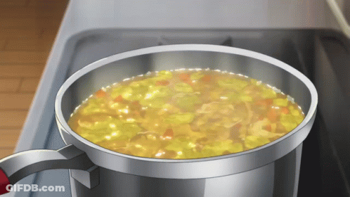 A Pot Of Soup Is Cooking On A Stove With Steam Coming Out Of It GIF