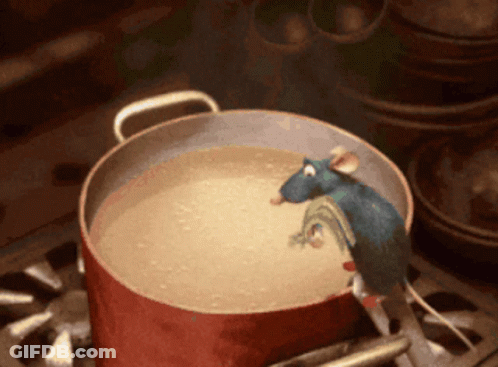A Pot Of Soup With A Mouse Sticking Its Head Out Of It GIF