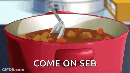 A Pot Of Stew With A Spoon In It And The Words `` Come On Seb '' Written On It . GIF