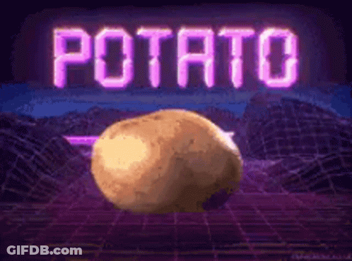 A Potato Is Sitting On Top Of A Purple Surface In Front Of A Neon Sign That Says Potato . GIF