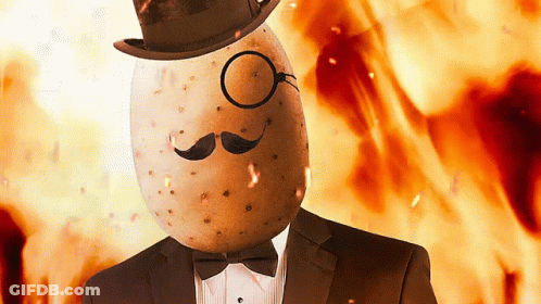 A Potato Wearing A Hat And Bow Tie With A Mustache GIF