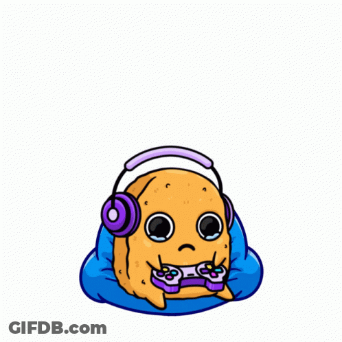 A Potato Wearing Headphones And Holding A Game Controller With The Words Game Over Behind It GIF