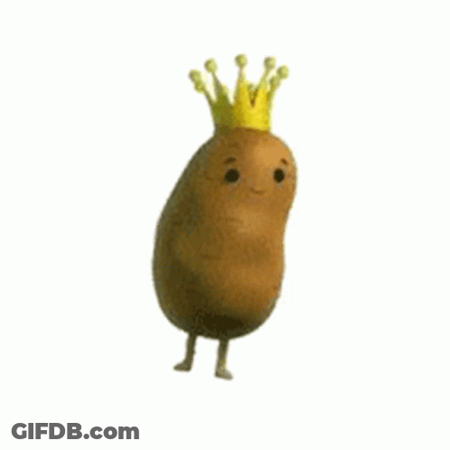 A Potato With A Crown On Its Head Is Standing On Two Legs . GIF