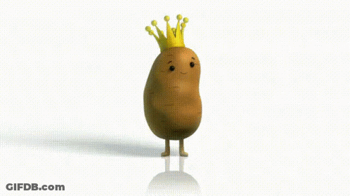 A Potato With A Crown On Its Head Is Walking On A White Surface . GIF