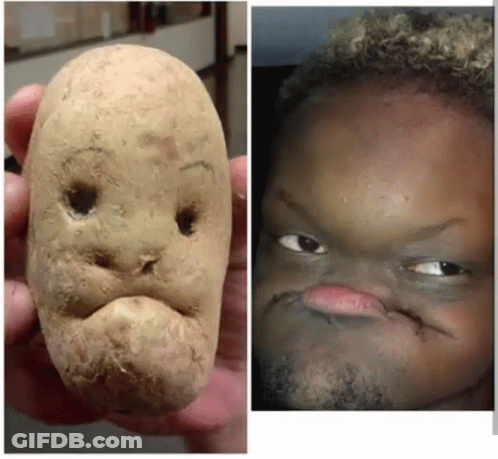 A Potato With A Face Drawn On It Next To A Picture Of A Child With A Beard GIF